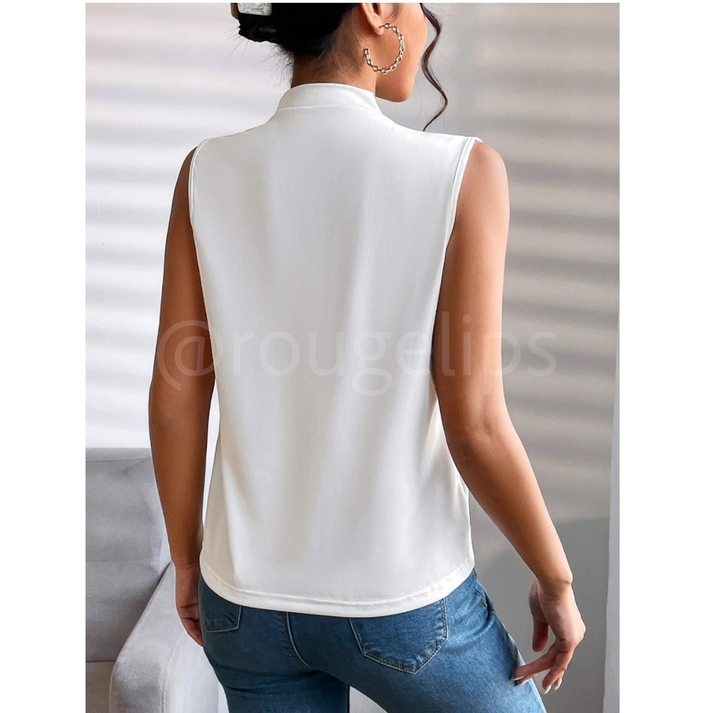 Draped Sleeveless Surplice V-Neck Blouse Top White Overlapping Front Snap Button - Picture 4 of 8